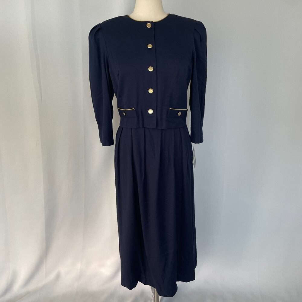 Miss Dorby Midi Dress Size 14 Navy Blue Solid Long Sleeve Button Layered Vintage